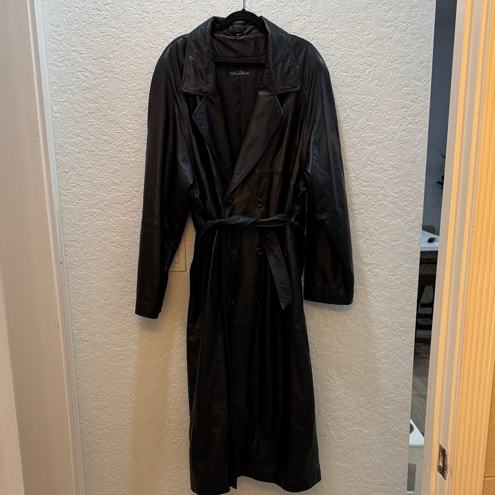 Modele Chombert Vintage Dark Brown Leather Double Breast Trench Coat Men’s L